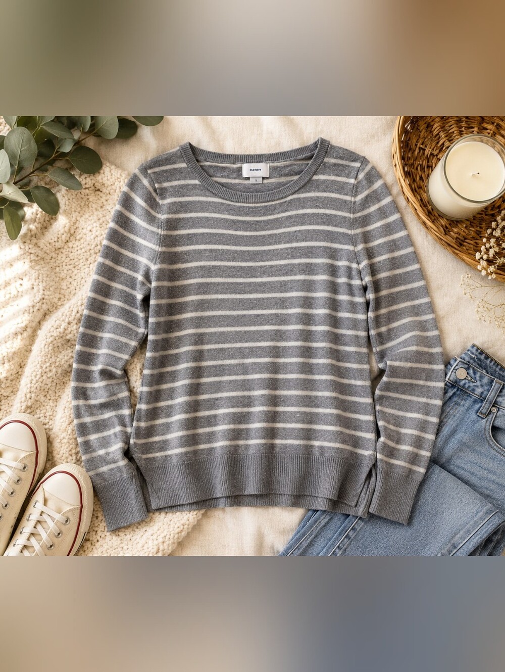 Old Navy Small Gray Silver Metallic Striped Crewneck Sweater